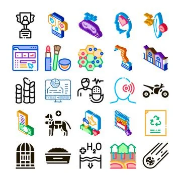 Collection of isometric icons representing various concepts Stock Illustration