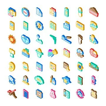 Collection of isometric icons representing various concepts and objects Stock Illustration