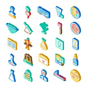 Collection of isometric icons for various concepts and objects Stock Illustration