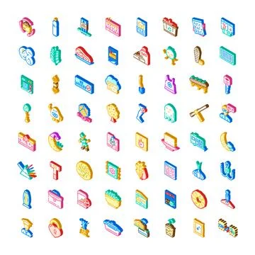 Collection of isometric icons for various concepts and objects Stock Illustration
