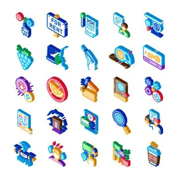 Collection of isometric icons for various services and concepts Stock Illustration