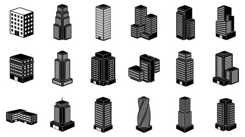 Collection of isometric modern skyscraper and commercial building vector icons Stock Illustration