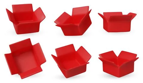 Collection of isometric red open boxes on white background. Ideal for delivery Stock Illustration