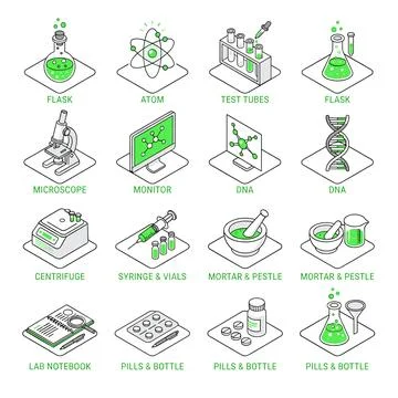 Collection of isometric science and laboratory icons including flask, atom,.. Stock Illustration