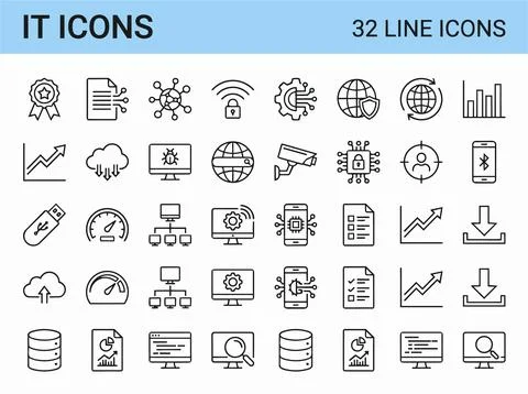 Collection of IT line icons for technology and computing concepts. Illustrazione stock
