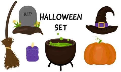 Collection of items for halloween in flat style Stock Illustration