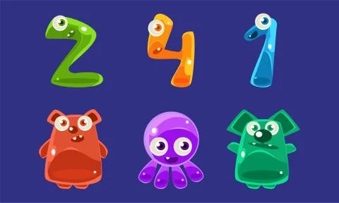 Collection of Jelly Creatures and Numbers, Glossy Colorful Cute Animals Vector Stock Illustration
