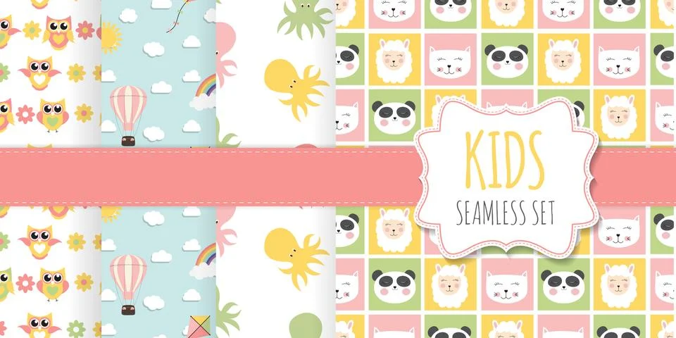 Collection of Kids Seamless Pattern Backgrounds with Cute animals and  rainbo Illustrazione stock