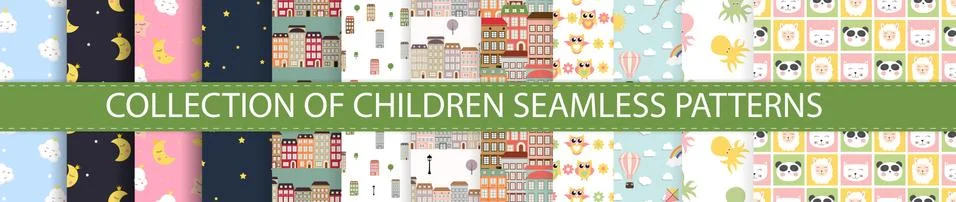 Collection of Kids Seamless Pattern Backgrounds with Cute animals and rainbow イラスト素材
