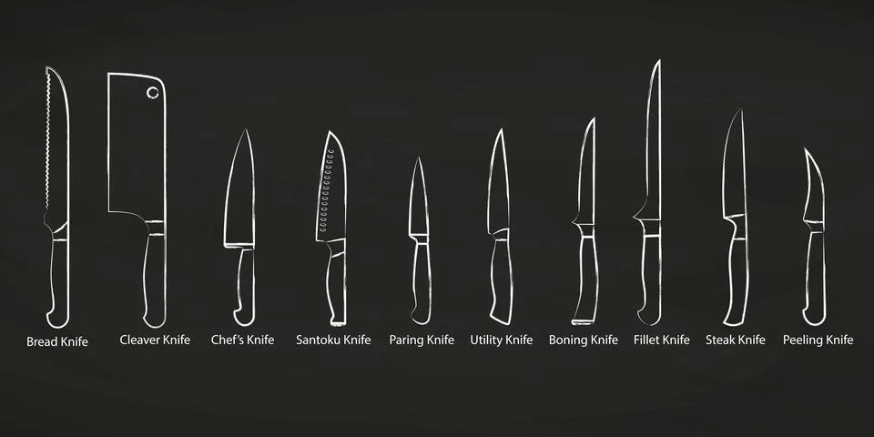 Collection of kitchen knives. Vector illustration on dark background Stock Illustration