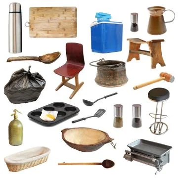 Collection of kitchen related objects isolated over white Stock Photos