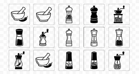 Collection of Kitchen Spice Grinders and Mortar Pestle Icons Stock Illustration