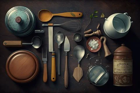 Collection of kitchen utensils on the table, vector illustration, Made by A.. Stock Illustration