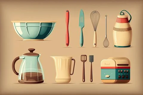 Collection of kitchen utensils on the table, vector illustration Stock Illustration