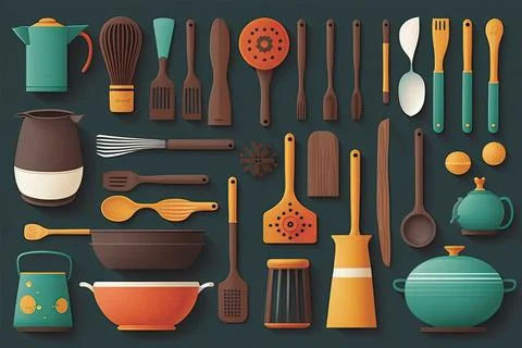 Collection of kitchen utensils on the table, vector illustration Stock Illustration