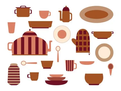 Collection of kitchenware and cookware set of kitchen utensils for home cooki Stock Illustration