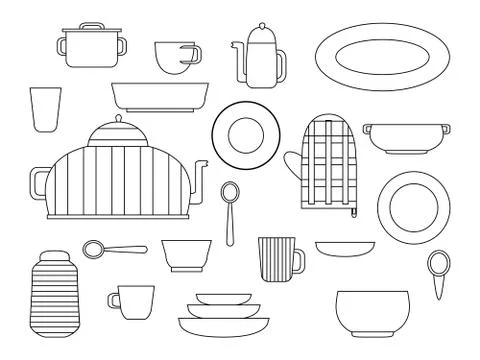 Collection of kitchenware and cookware set of kitchen utensils for home cooki 스톡 일러스트