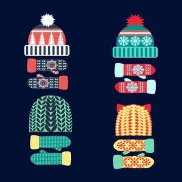 Collection of knitted woolen Hat and mittens. Stock Illustration
