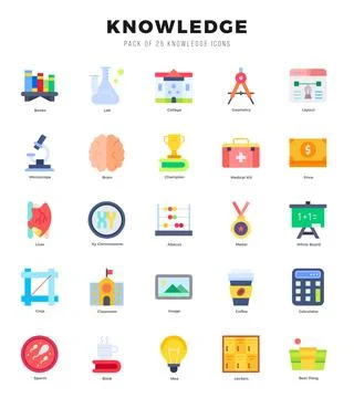 Collection of Knowledge 25 Flat Icons Pack. Stock Illustration
