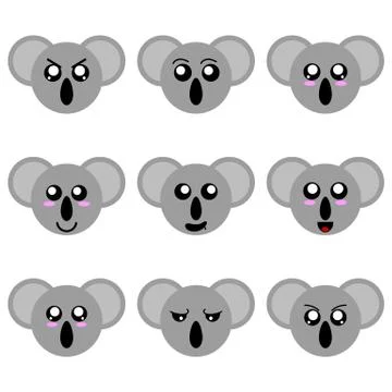 Collection of Koala Smiley Faces isolated on white background. Vector. Illustrazione stock
