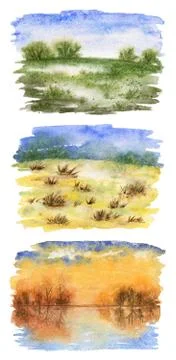 A collection of landscape sketches: spring, summer, autumn. Stock Illustration