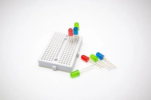 Collection of LED (Light Emitting Diode) above the project board on a white b Stock Photos