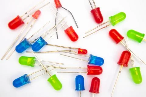 Collection of LEDs on a white background. Electronic DIY parts. Foto stock