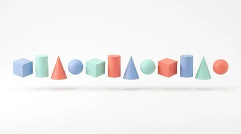 A collection of levitating 3D geometric shapes including a cube, sphere, cyli Stock Illustration