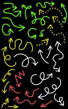 A collection of line art arrows drawn in neon colors issolated on black.sign arr Stock Illustration