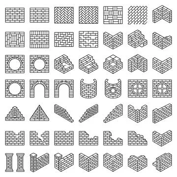 Collection of line art brickwork elements, including wall sections, corners.. Stock Illustration