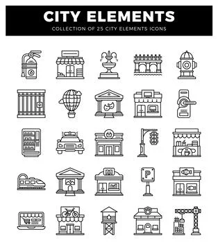 Collection of line art city element icons on a white background. Stock Illustration