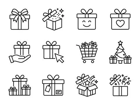 Collection of line art gift box icons, including holiday Christmas tree, sh.. Stock Illustration
