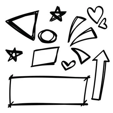 Collection line doodles includes a triangle, rectangle, stars, hearts, and .. Stock Illustration