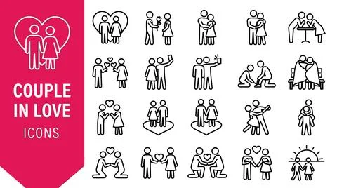 Collection of Line Icons Representing Couples in Love and Relationships. Ilustração Stock