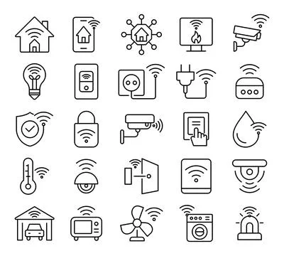 Collection of Line Icons Representing Smart Home Technology and Devices Stock Illustration