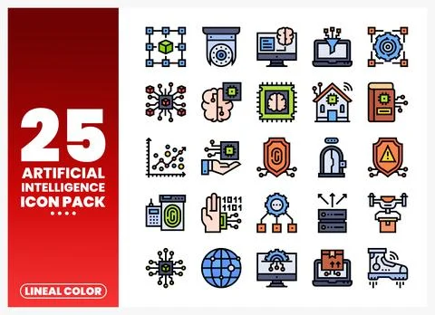 Collection of lineal color artificial intelligence icons on a white backgroun Stock Illustration