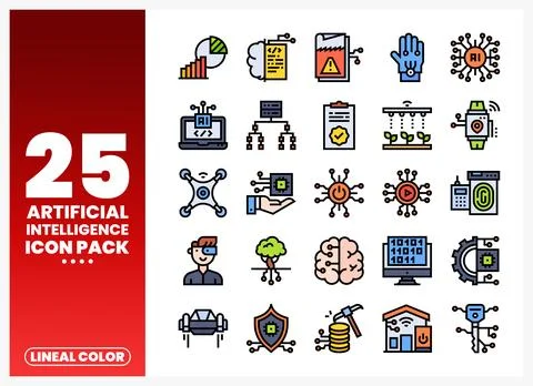 Collection of lineal color artificial intelligence icons on white background Stock Illustration