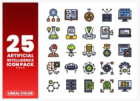 Collection of lineal color artificial intelligence icons on a white backgroun Stock Illustration