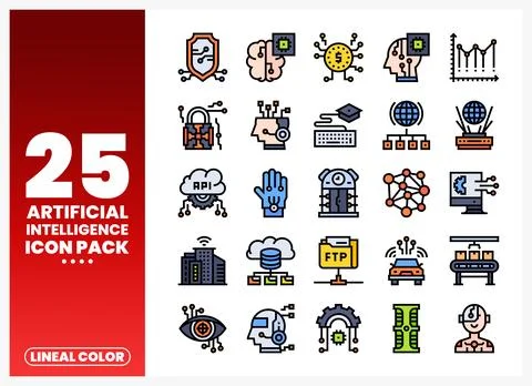 A collection of lineal color artificial intelligence icons on a white backg.. 스톡 일러스트