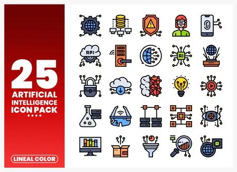 Collection of lineal color artificial intelligence icons on a white backgro.. Stock Illustration