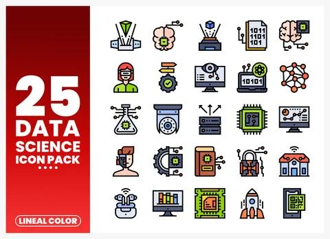 Collection of lineal color data science icons in a grid on a white background Stock Illustration