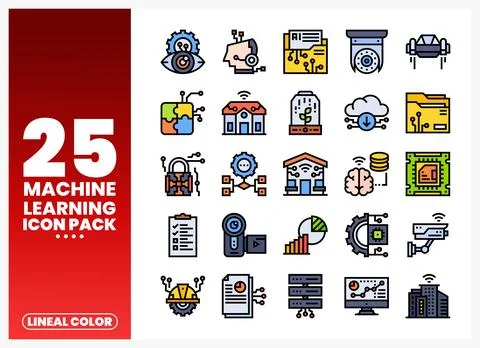 Collection of lineal color machine learning icons. Technology and AI elemen.. Stock Illustration