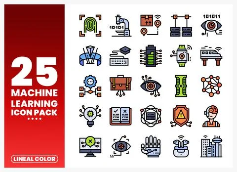 Collection of lineal color machine learning icons set on white background Иллюстрация
