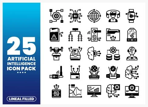 Collection of lineal filled artificial intelligence icons against a blue an.. Illustrazione stock