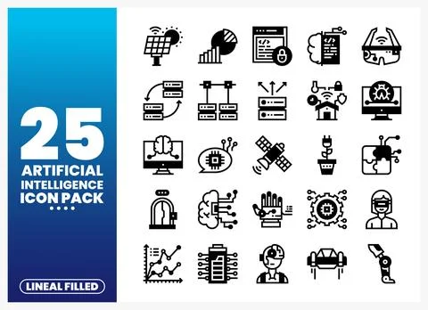 Collection of lineal filled artificial intelligence icons on a blue gradien.. Stock Illustration