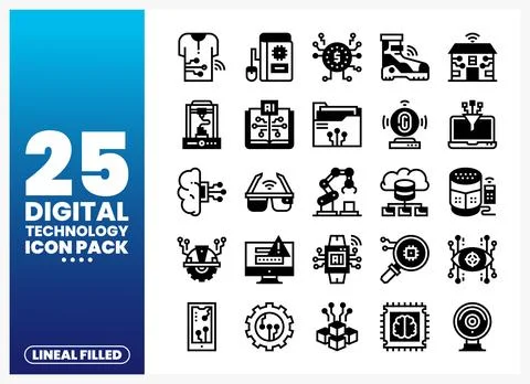 A collection of lineal filled digital technology icons displayed on a blue .. Stock Illustration