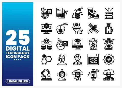 A collection of lineal filled digital technology icons. including network. .. Stock Illustration