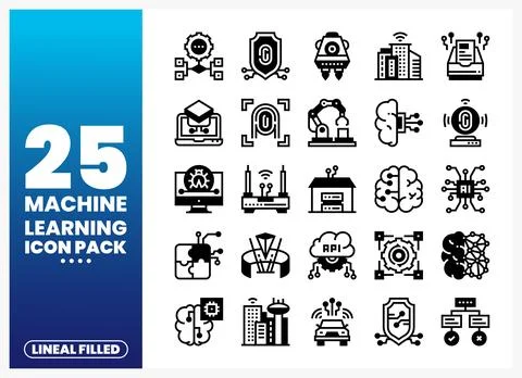 Collection of lineal filled machine learning icons presented on a blue grad.. Stock Illustration