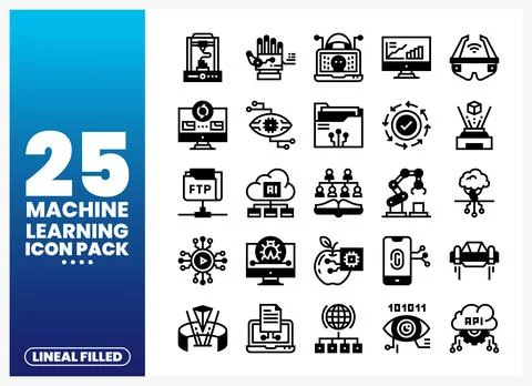 Collection of lineal filled machine learning icons. 库存插图