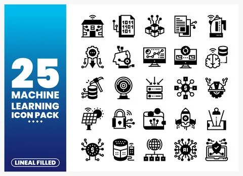 Collection of lineal filled machine learning icons in a grid. digital art Stock Illustration